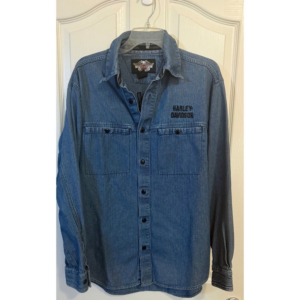 Harley Davidson Denim Embroidered Button Down Jean Shirt Men's‎ M Biker Moto